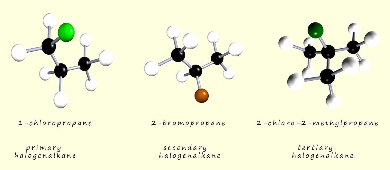 3d model of primary, secondary and tertiary halogenalkane molecules.